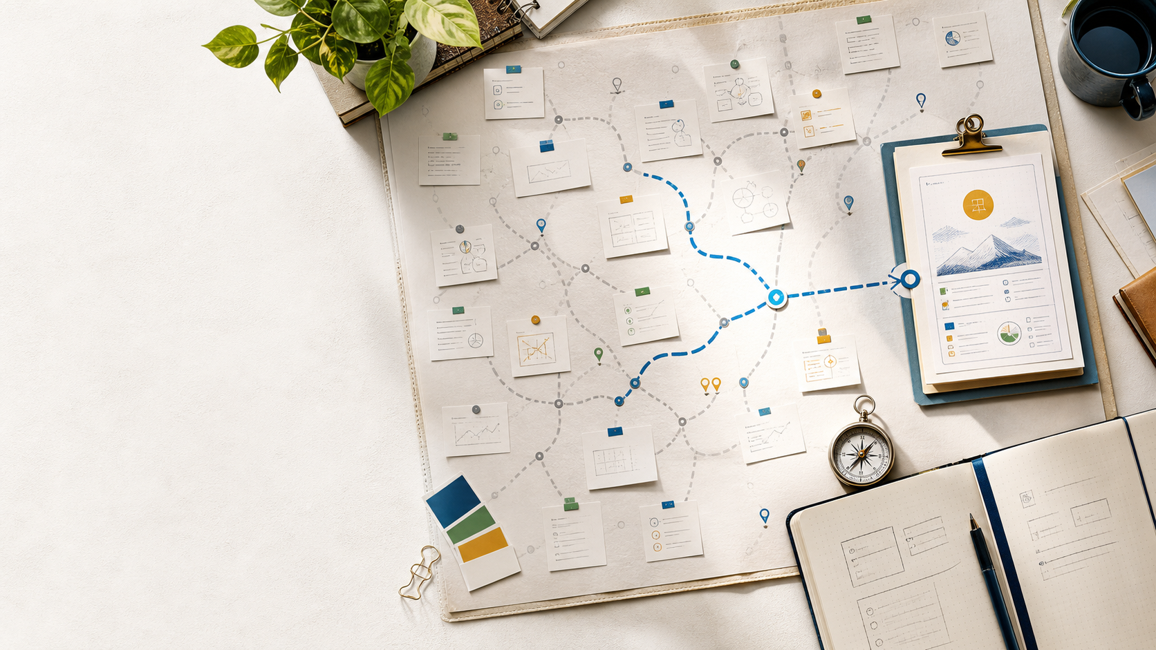 Editorial workspace with mapped software ideas and a highlighted opportunity route