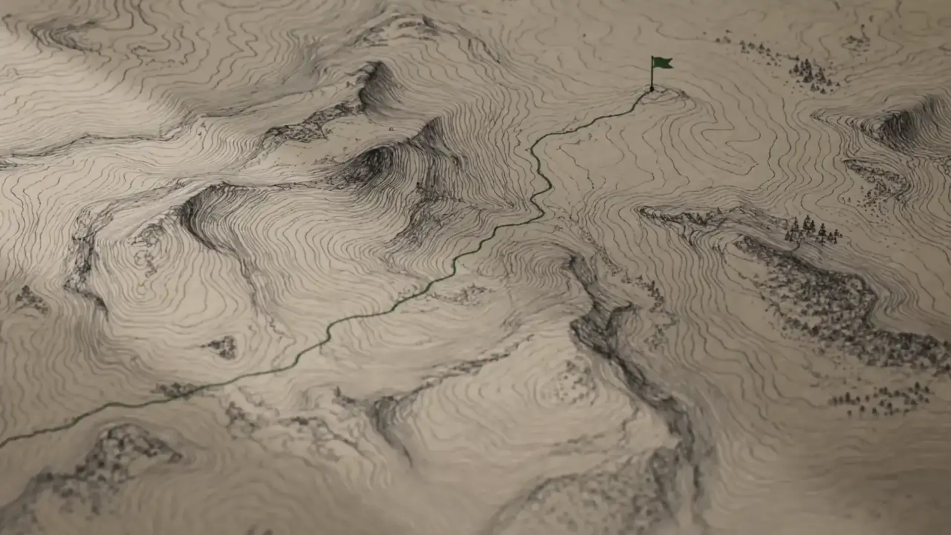 Topographic paper chart with a green route line reaching a flagged waypoint